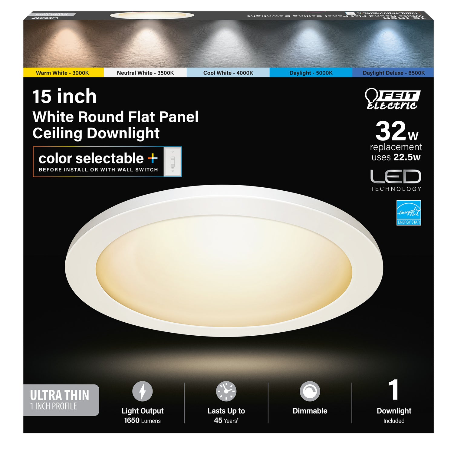15 in. 22.5W (32W Replacement) Selectable White (5CCT) White Round Flat Panel Ceiling Downlight