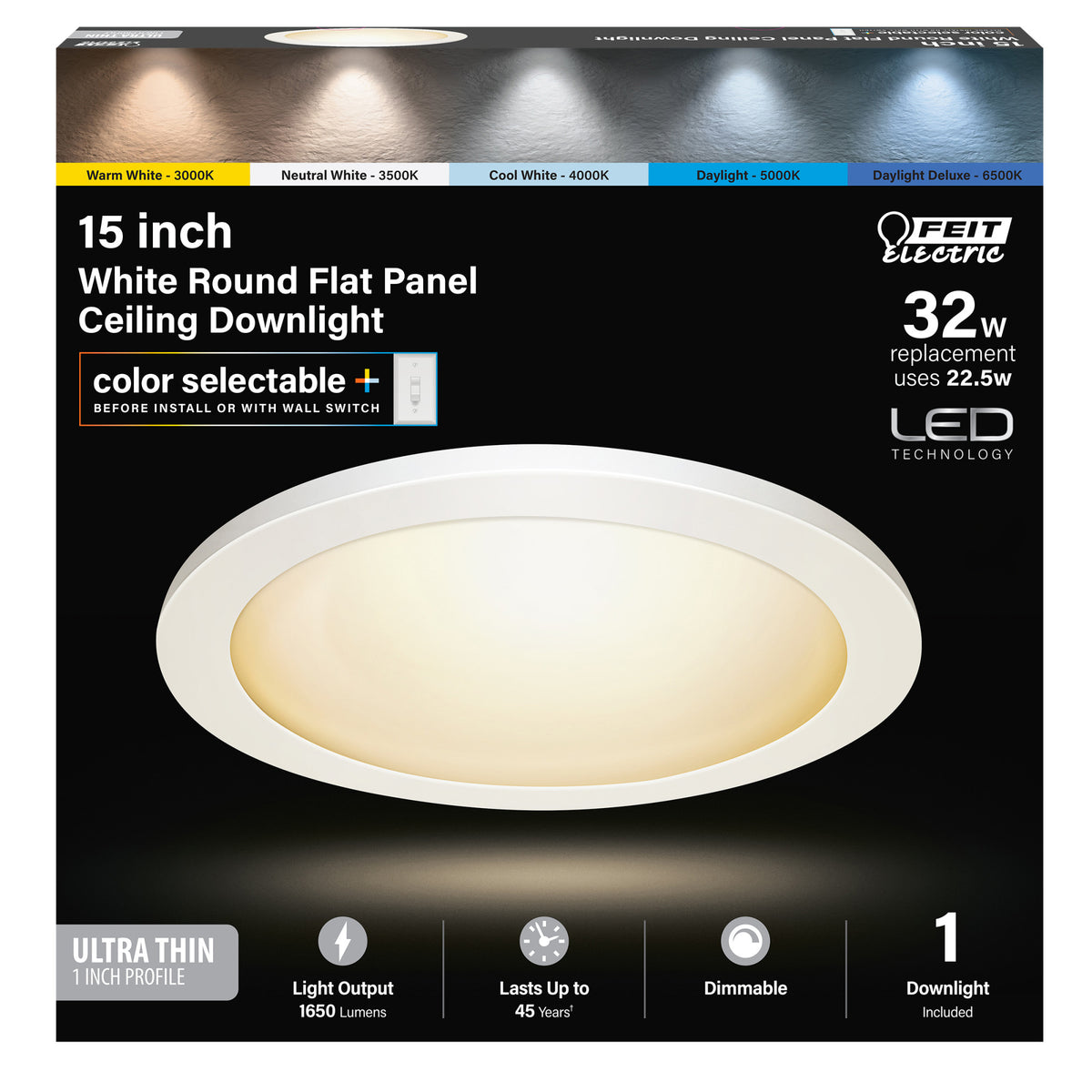 15 in. 22.5W (32W Replacement) Selectable White (5CCT) White Round Flat Panel Ceiling Downlight with Switch Mode