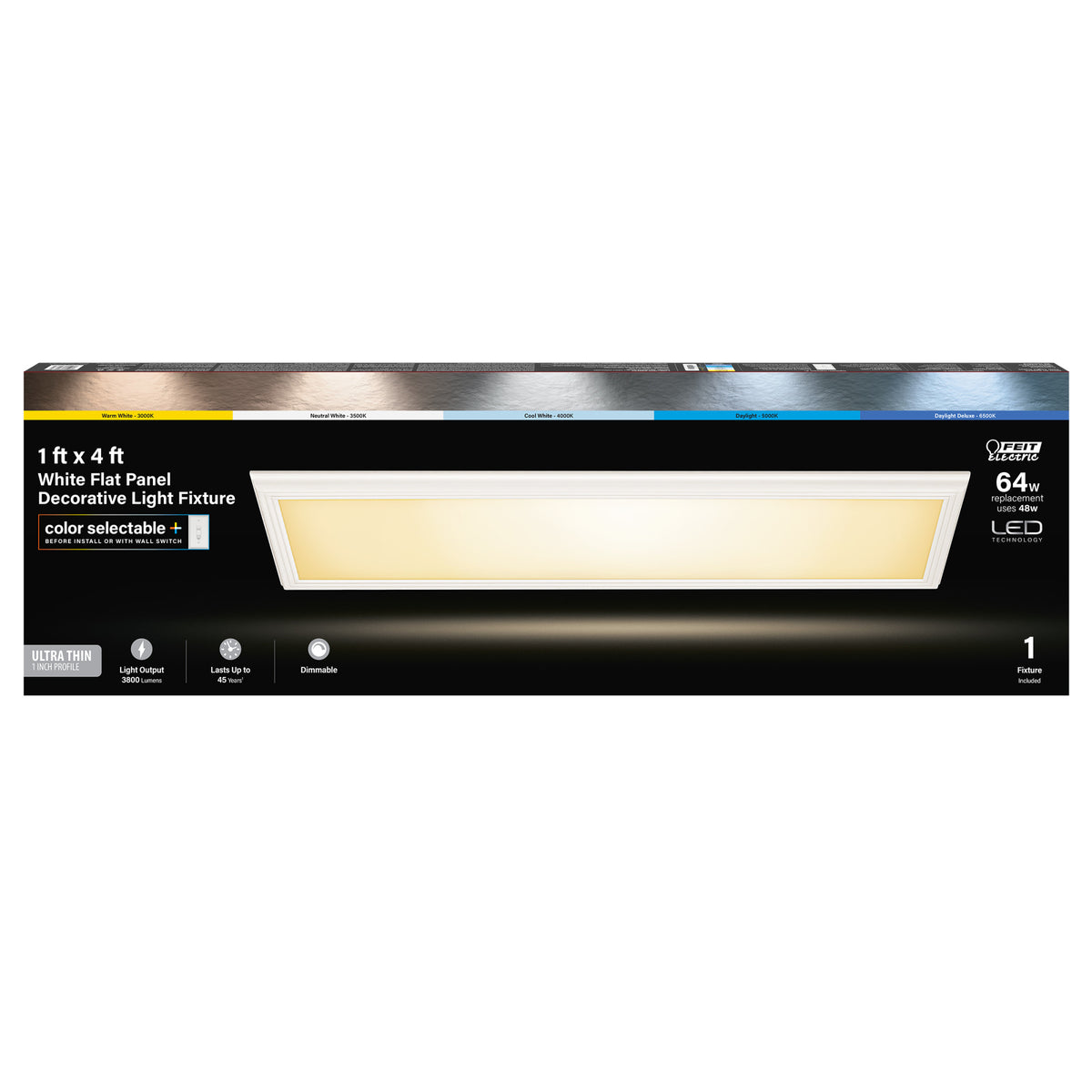 1 ft. x 4 ft. 48W (64W Equivalent) Color Selectable Dimmable White Flat Panel Decorative Light Fixture with Switch Mode