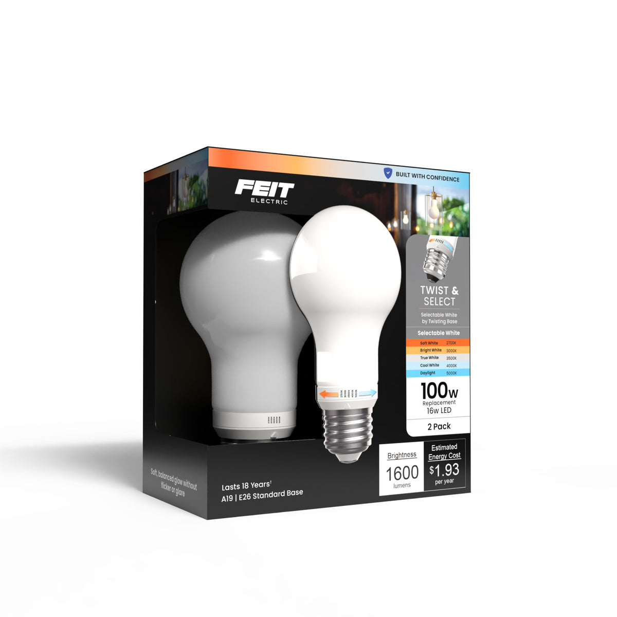 16W (100W Replacement) Twist to Select E26 Base A19 Frost Glass LED Bulb (2-Pack)