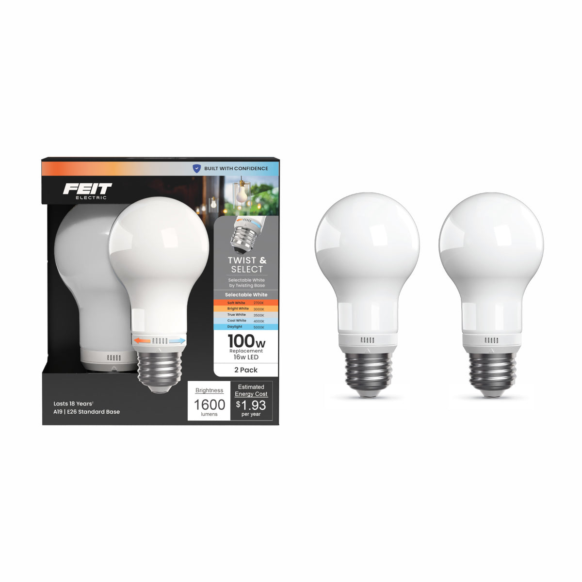 16W (100W Replacement) Twist to Select E26 Base A19 Frost Glass LED Bulb (2-Pack)