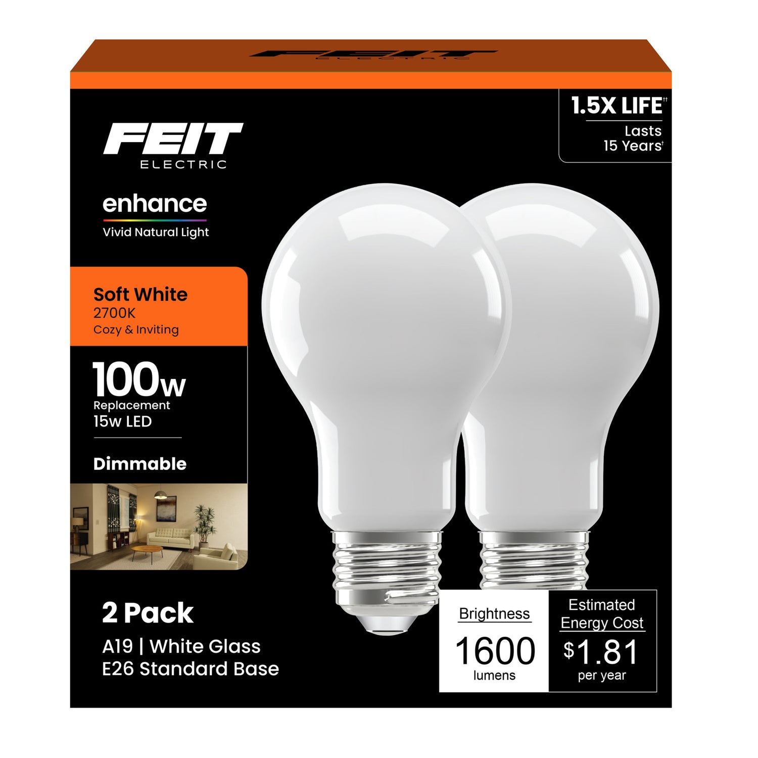 15W (100W Replacement) Soft White (2700K) A19 Dimmable Frosted Glass Enhance LED (2-Pack)