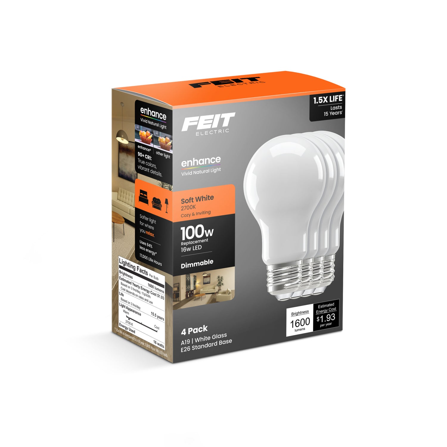 16W (100W Replacement) Soft White (2700K) A19 Enhance Dimmable Glass Filament General Purpose LED (4-Pack)