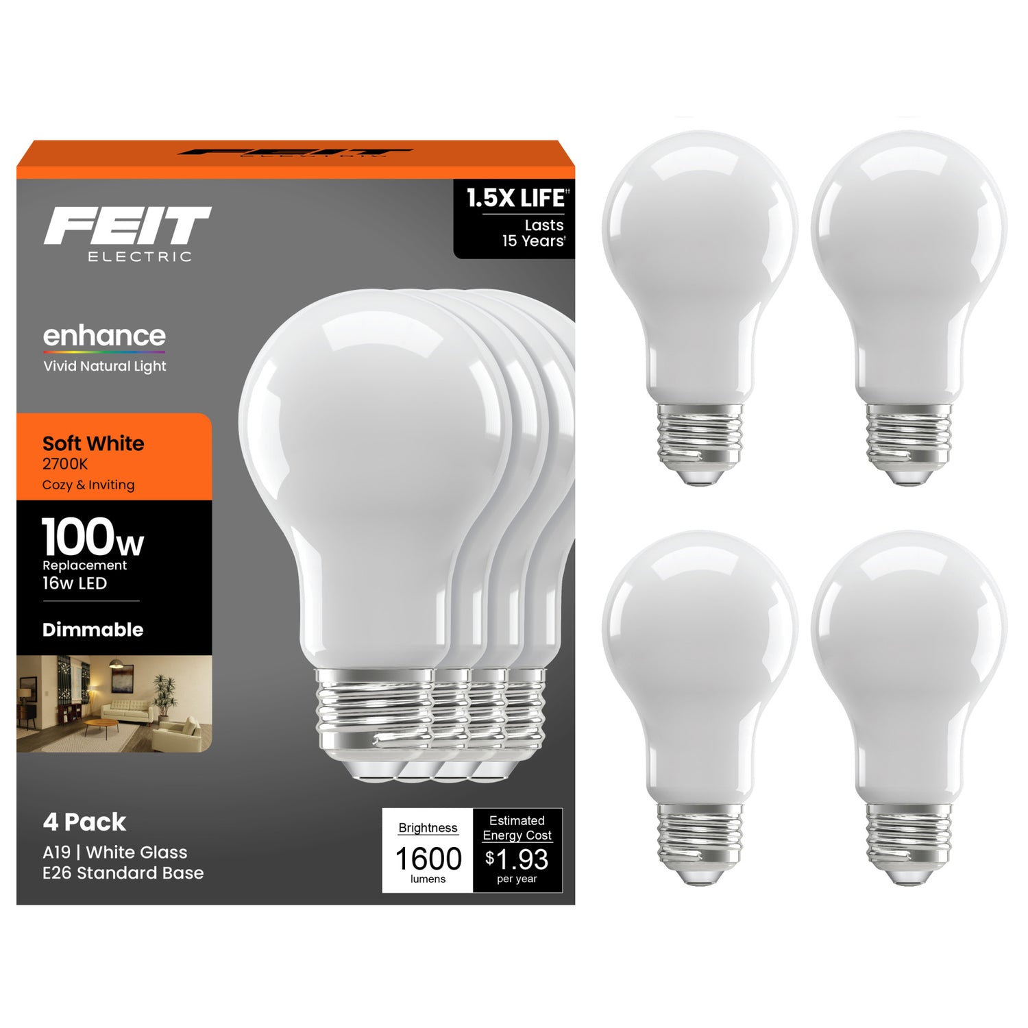 16W (100W Replacement) Soft White (2700K) A19 Enhance Dimmable Glass Filament General Purpose LED (4-Pack)