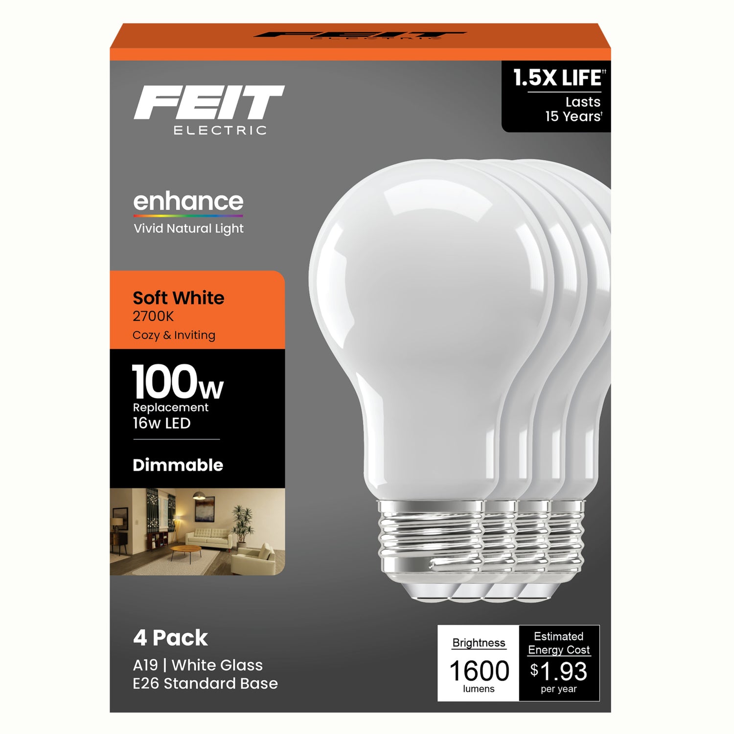 16W (100W Replacement) Soft White (2700K) A19 Enhance Dimmable Glass Filament General Purpose LED (4-Pack)