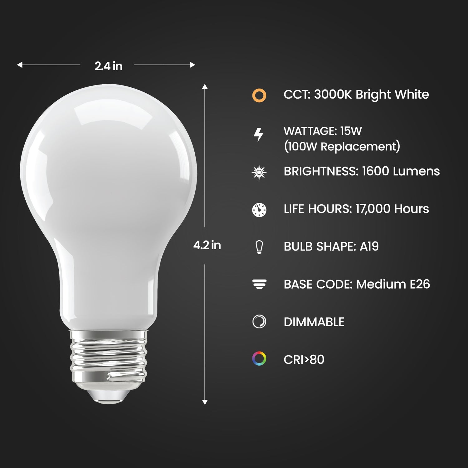15W (100W Replacement) Bright White (3000K) A19 (E26 Base) Frost Filament LED (2-Pack)