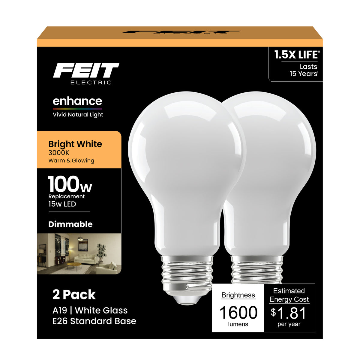 15W (100W Replacement) Bright White (3000K) A19 (E26 Base) Frost Filament LED (2-Pack)