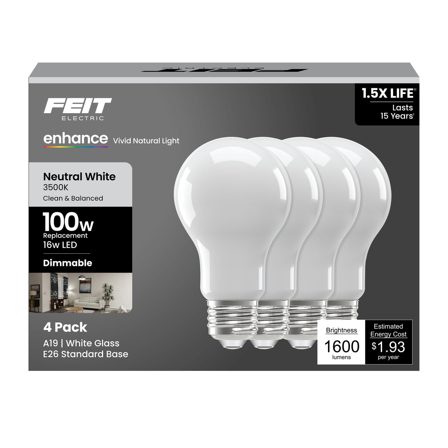 16W (100W Replacement) Neutral White (3500K) A19 Enhance Dimmable Glass Filament General Purpose LED (4-Pack)