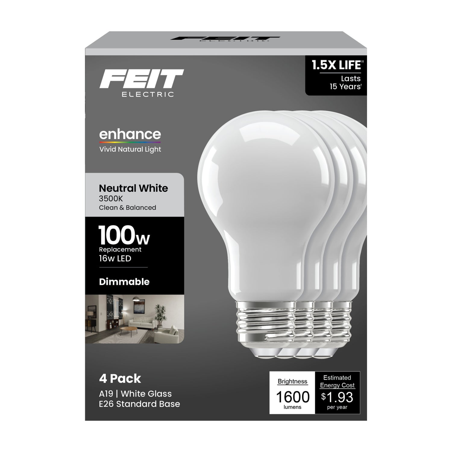 16W (100W Replacement) Neutral White (3500K) A19 Enhance Dimmable Glass Filament General Purpose LED (4-Pack)
