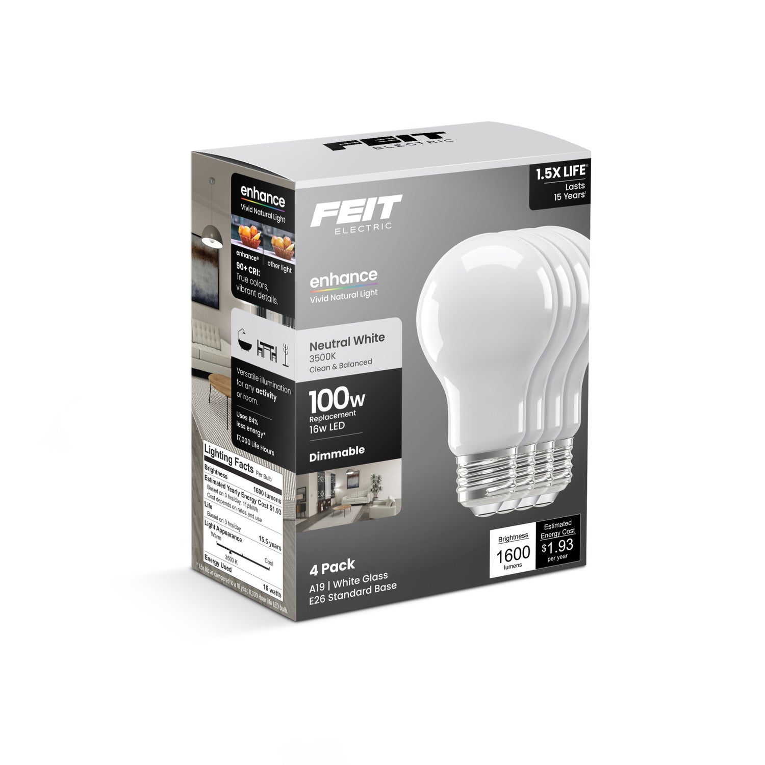 16W (100W Replacement) Neutral White (3500K) A19 Enhance Dimmable Glass Filament General Purpose LED (4-Pack)