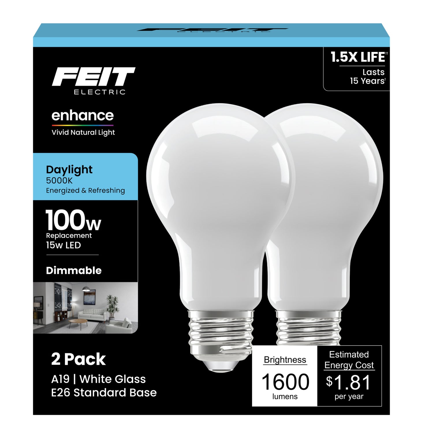 15W (100W Replacement) Daylight (5000K) E26 Base A19 Enhance Frosted Dimmable LED Light Bulb (2-Pack)