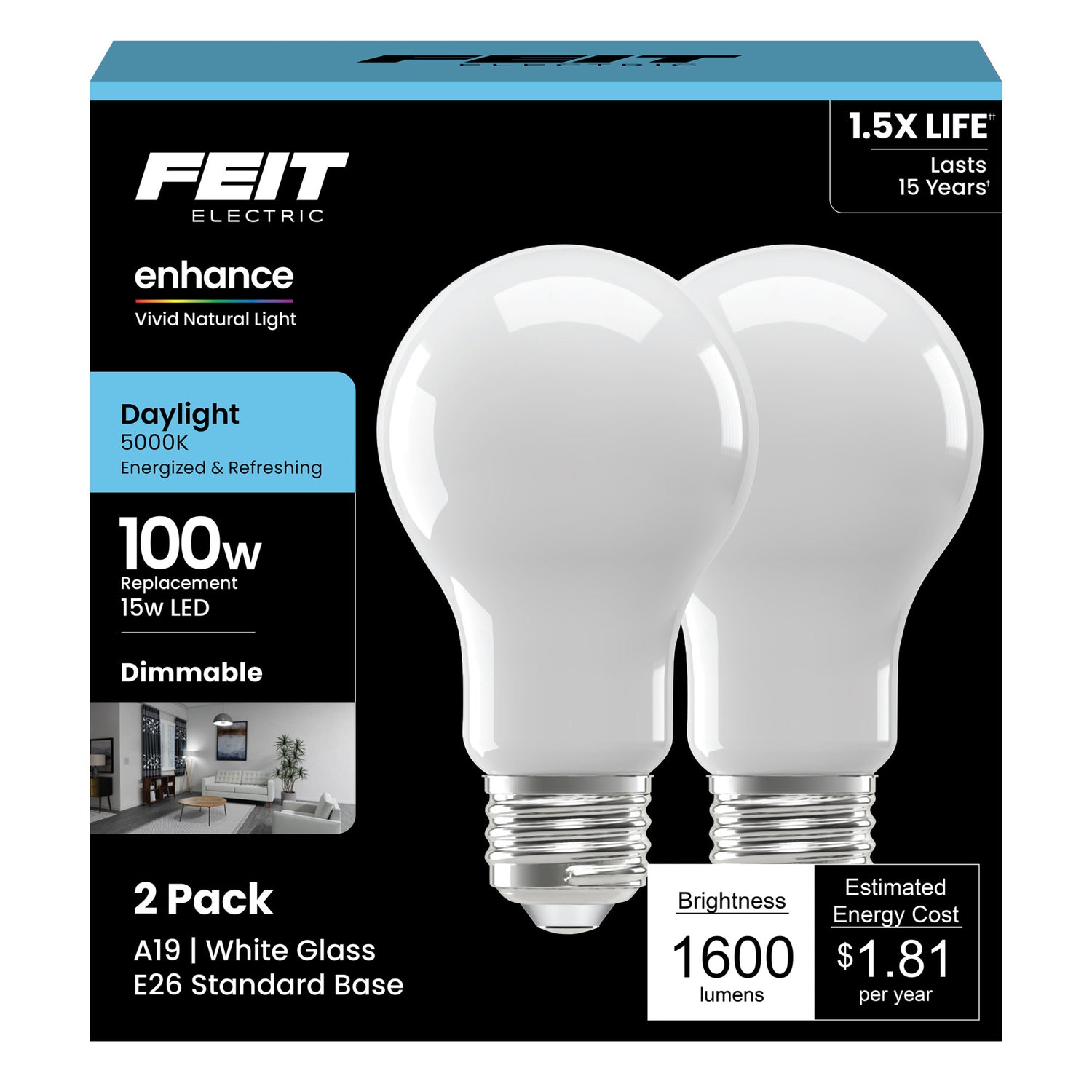15W (100W Replacement) Daylight (5000K) E26 Base A19 Enhance Frosted Dimmable LED Light Bulb (2-Pack)