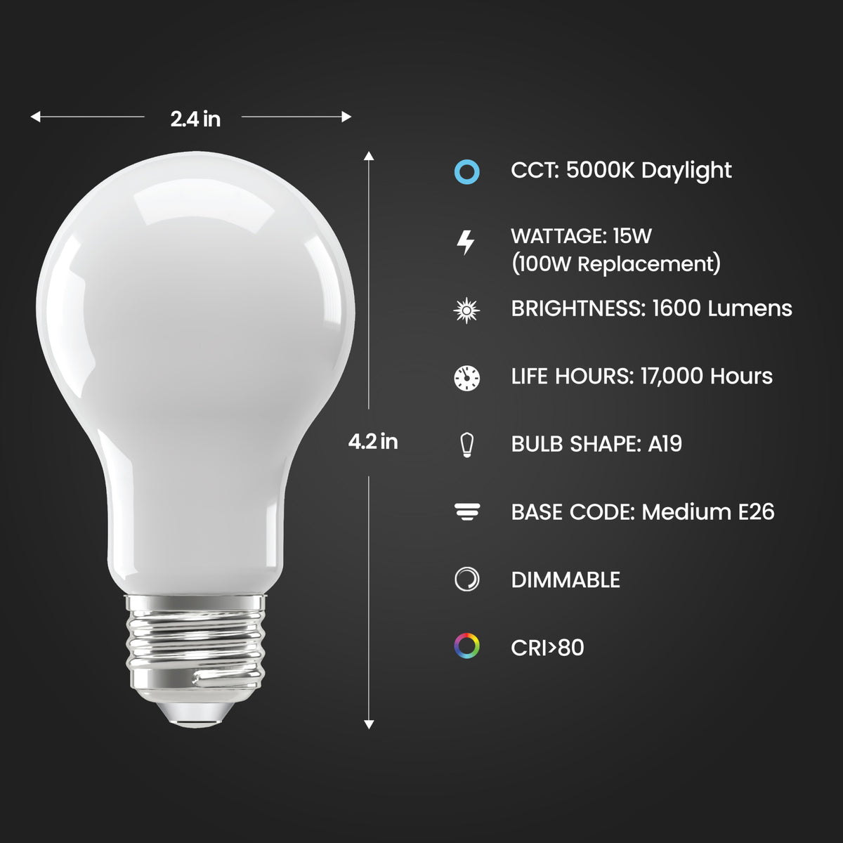 15W (100W Replacement) Daylight (5000K) E26 Base A19 Enhance Frosted Dimmable LED Light Bulb (2-Pack)