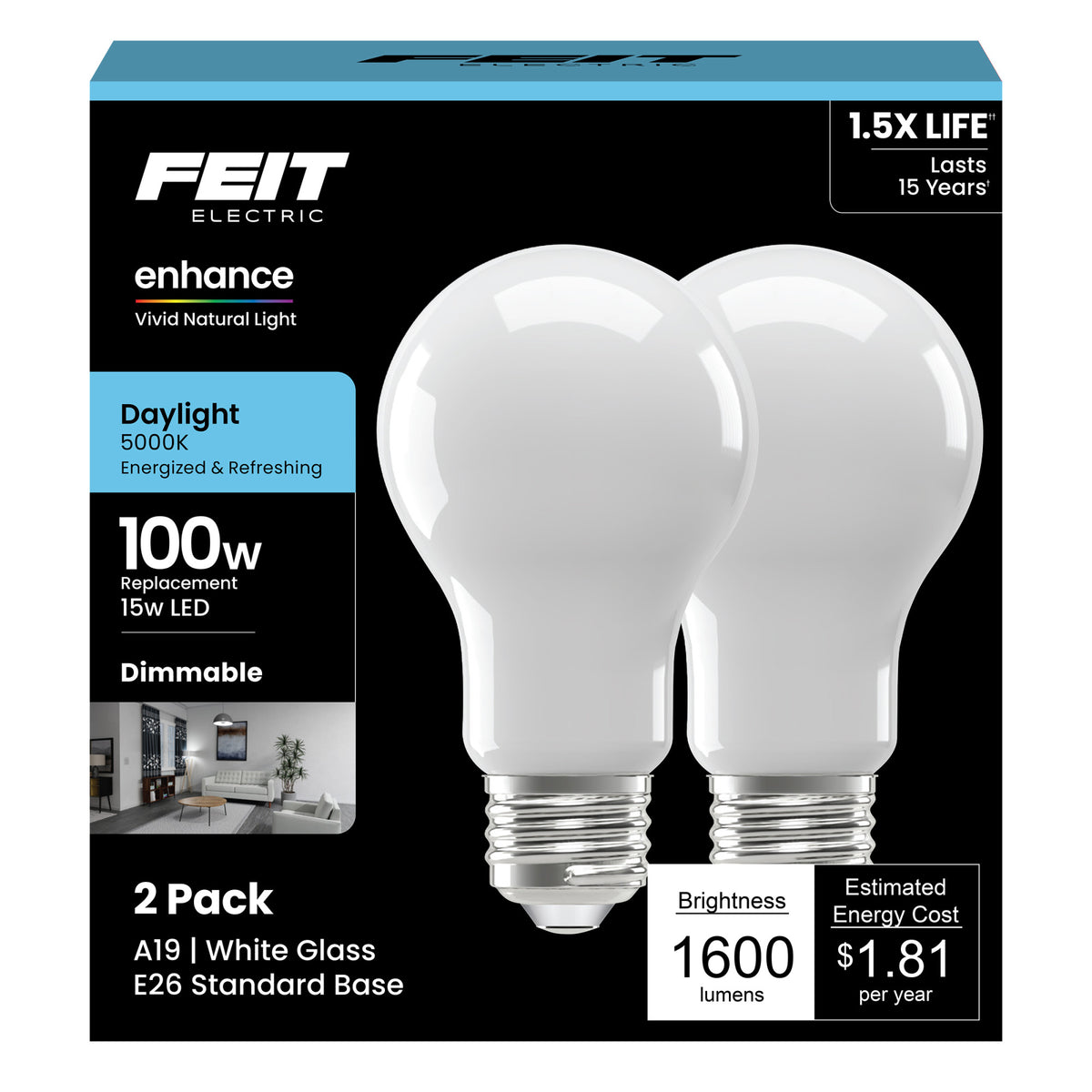 15W (100W Replacement) Daylight (5000K) E26 Base A19 Enhance Frosted Dimmable LED Light Bulb (2-Pack)