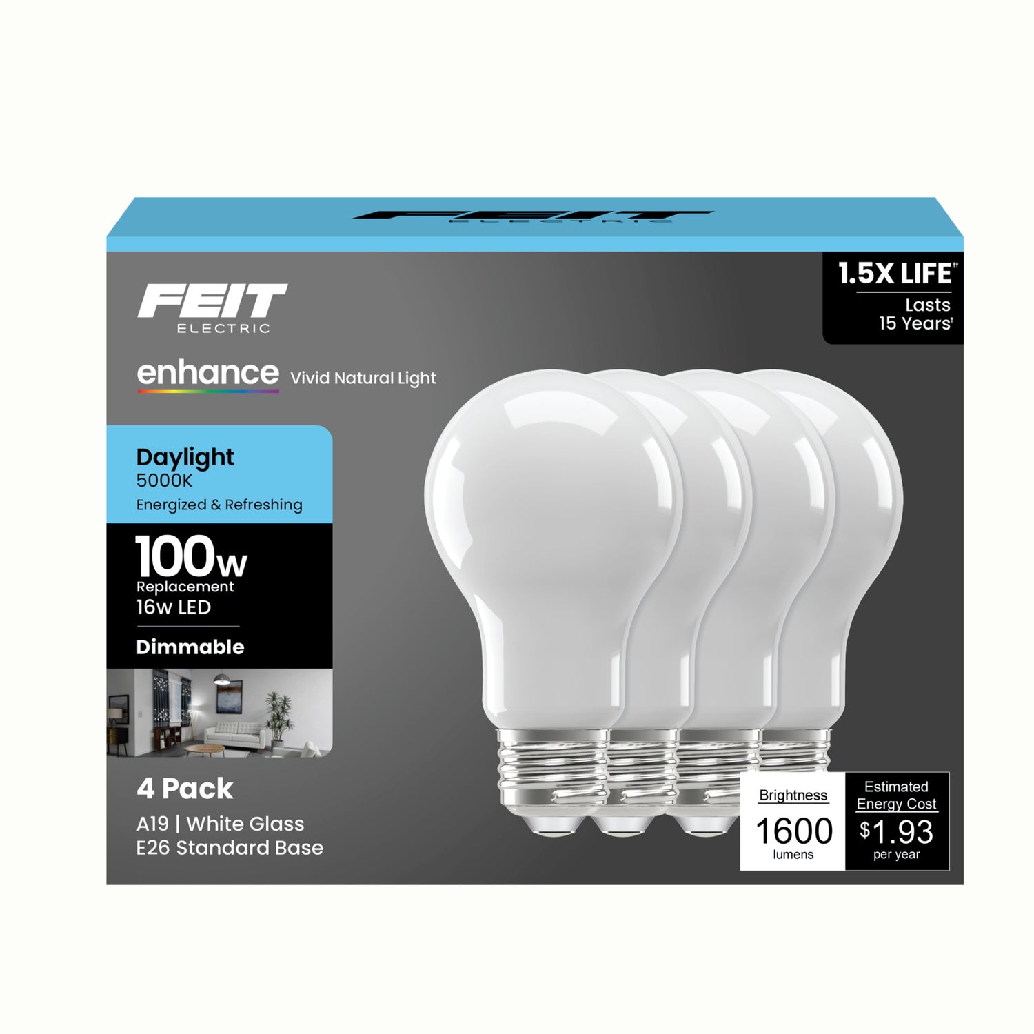 16W (100W Replacement) Daylight (5000K) A19 E26 Base Dimmable Frosted Enhance LED Bulb (4-Pack)