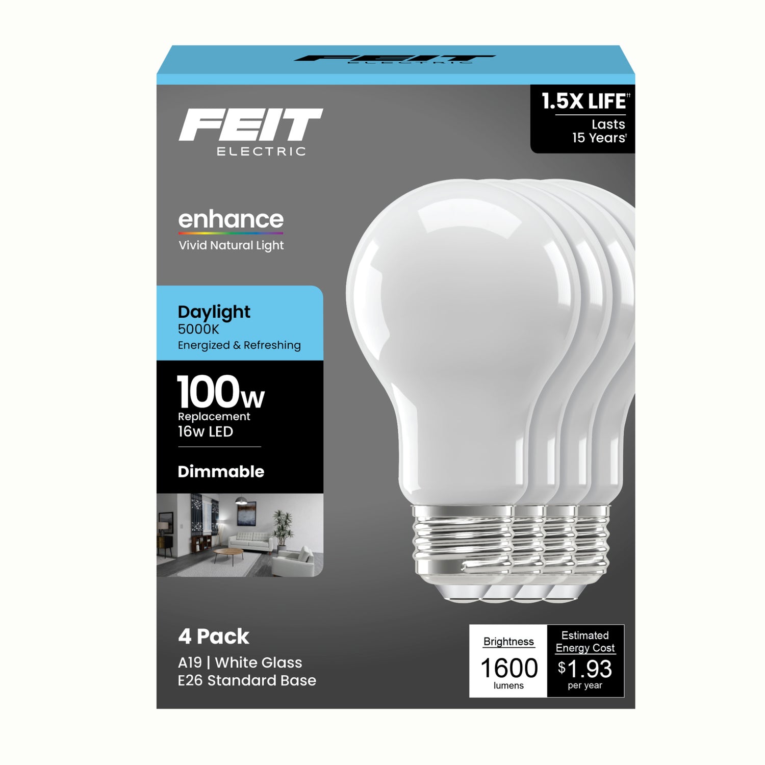 16W (100W Replacement) Daylight (5000K) A19 E26 Base Dimmable Frosted Enhance LED Bulb (4-Pack)