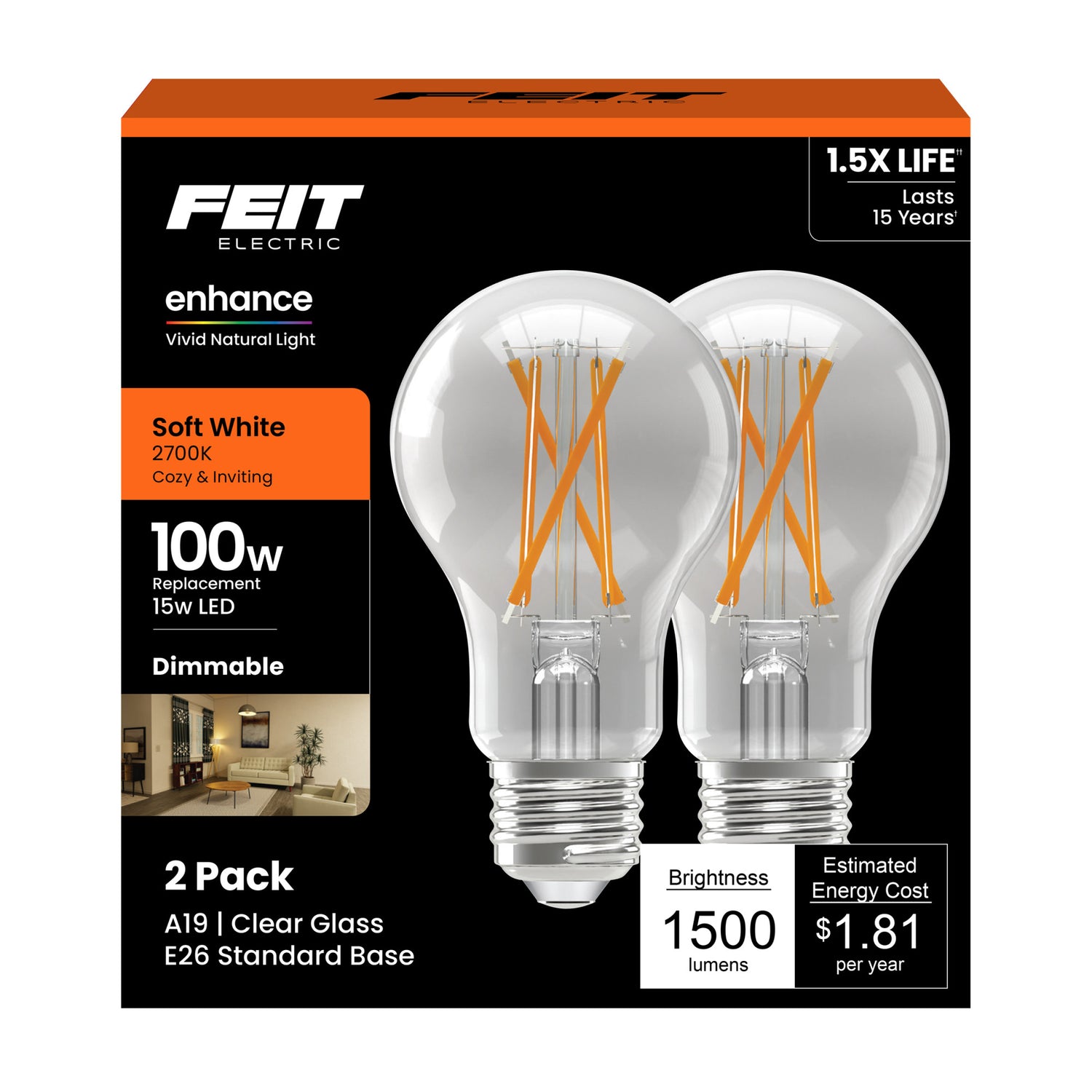 15W (100W Equivalent) Soft White (2700K) E26 Base A19 Dimmable Clear Glass Filament Enhance LED (2-Pack)