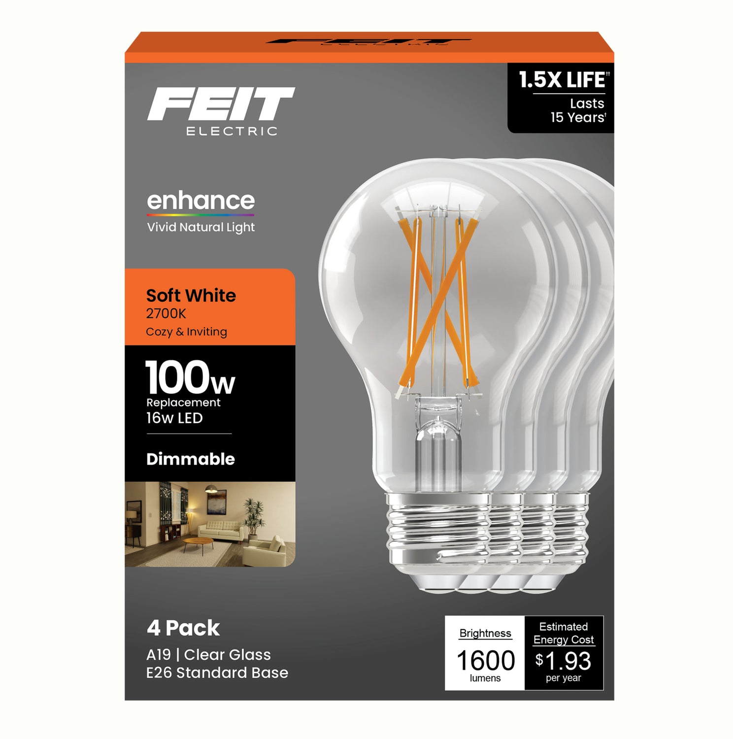 16W (100W Equivalent) Soft White (2700K) A19 Dimmable General Purpose Clear Glass Filament Enhance LED (4-Pack)
