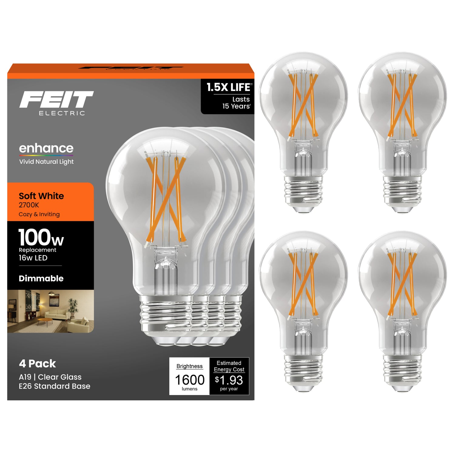 16W (100W Equivalent) Soft White (2700K) A19 Dimmable General Purpose Clear Glass Filament Enhance LED (4-Pack)