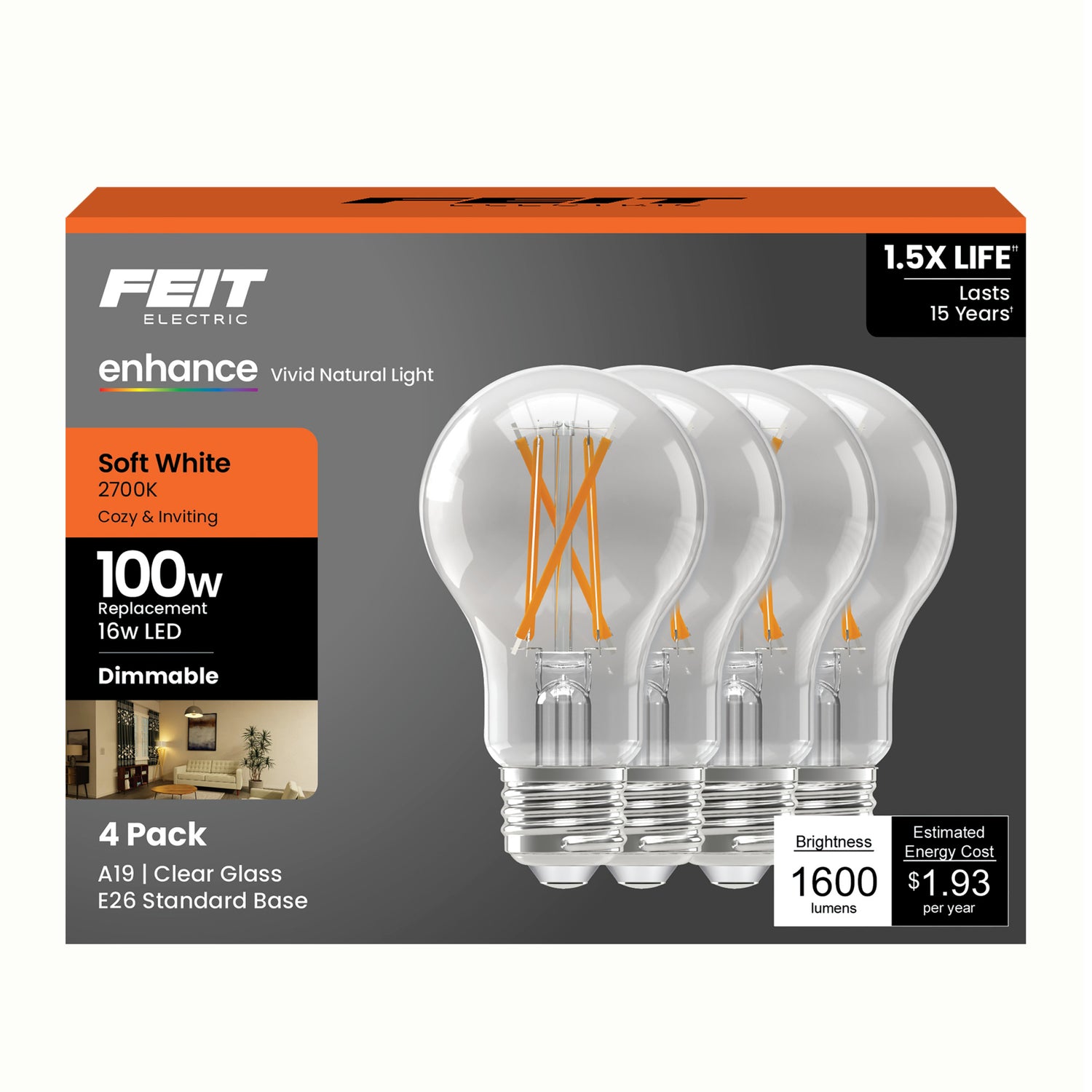 16W (100W Equivalent) Soft White (2700K) A19 Dimmable General Purpose Clear Glass Filament Enhance LED (4-Pack)