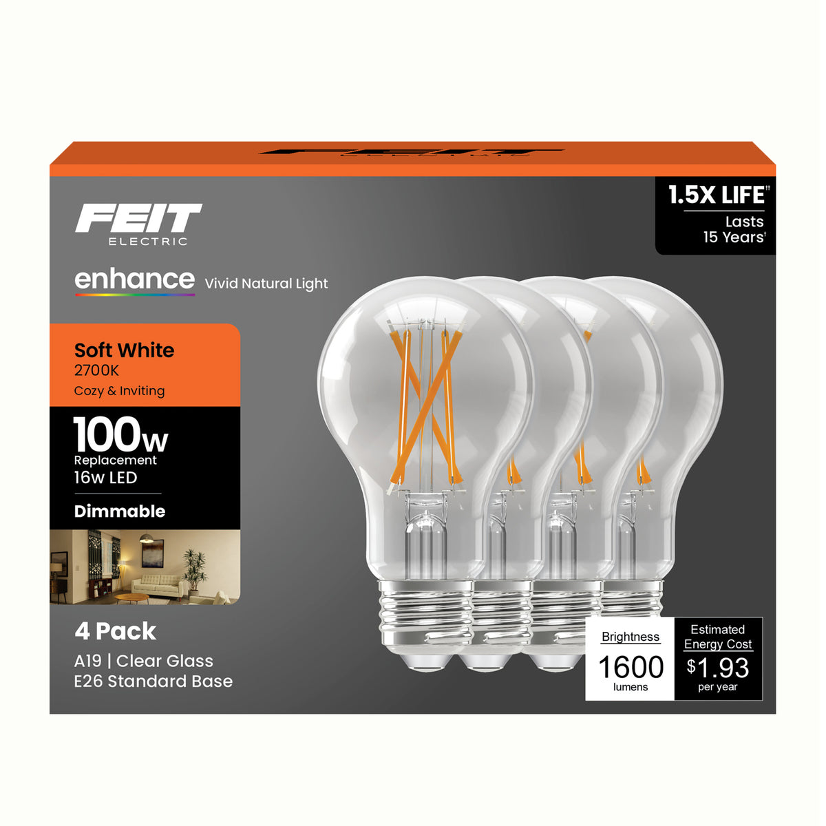 16W (100W Equivalent) Soft White (2700K) A19 Dimmable General Purpose Clear Glass Filament Enhance LED (4-Pack)