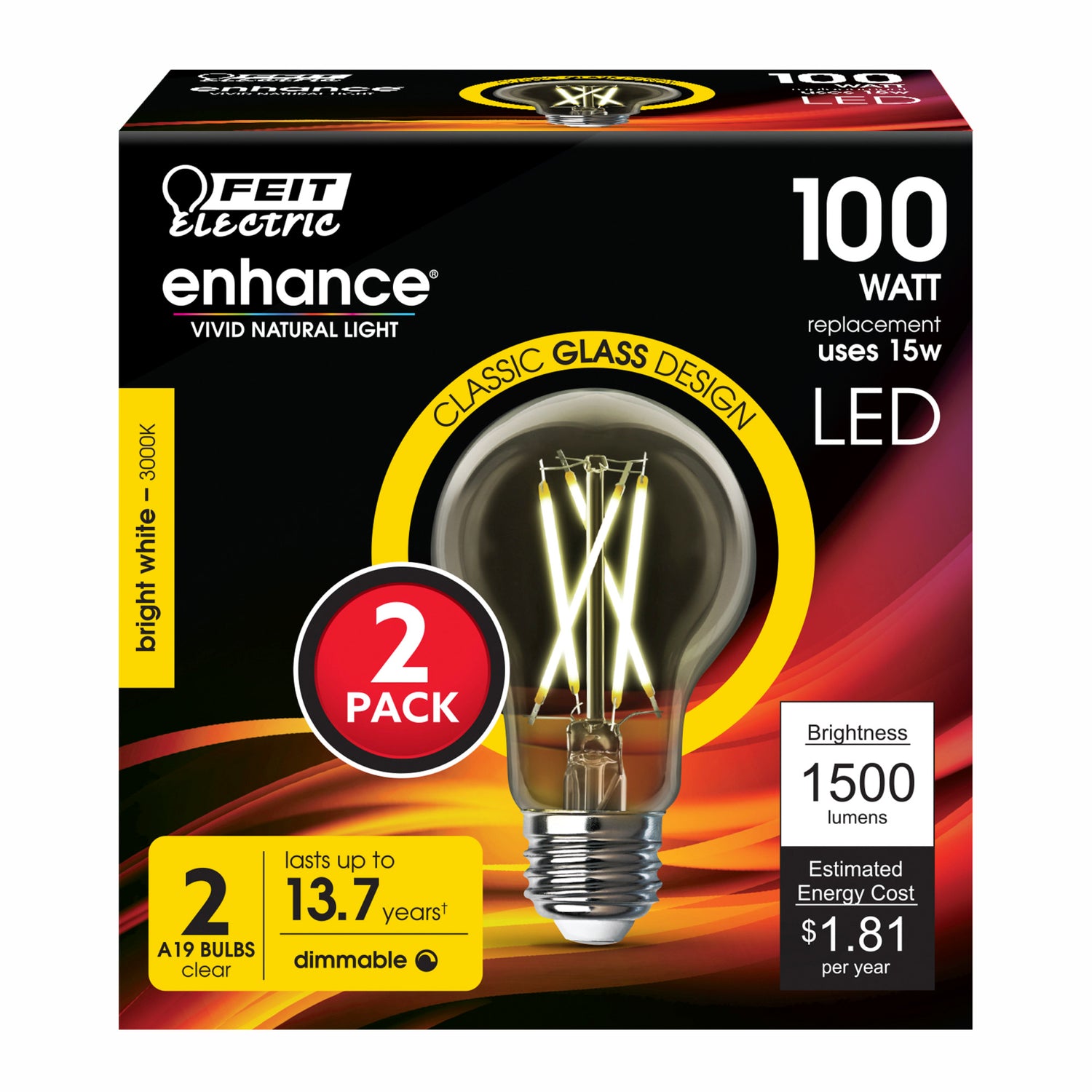 15W (100W Replacement) Bright White (3000K) A19 (E26 Base) Clear Enhance Filament LED (2-Pack)