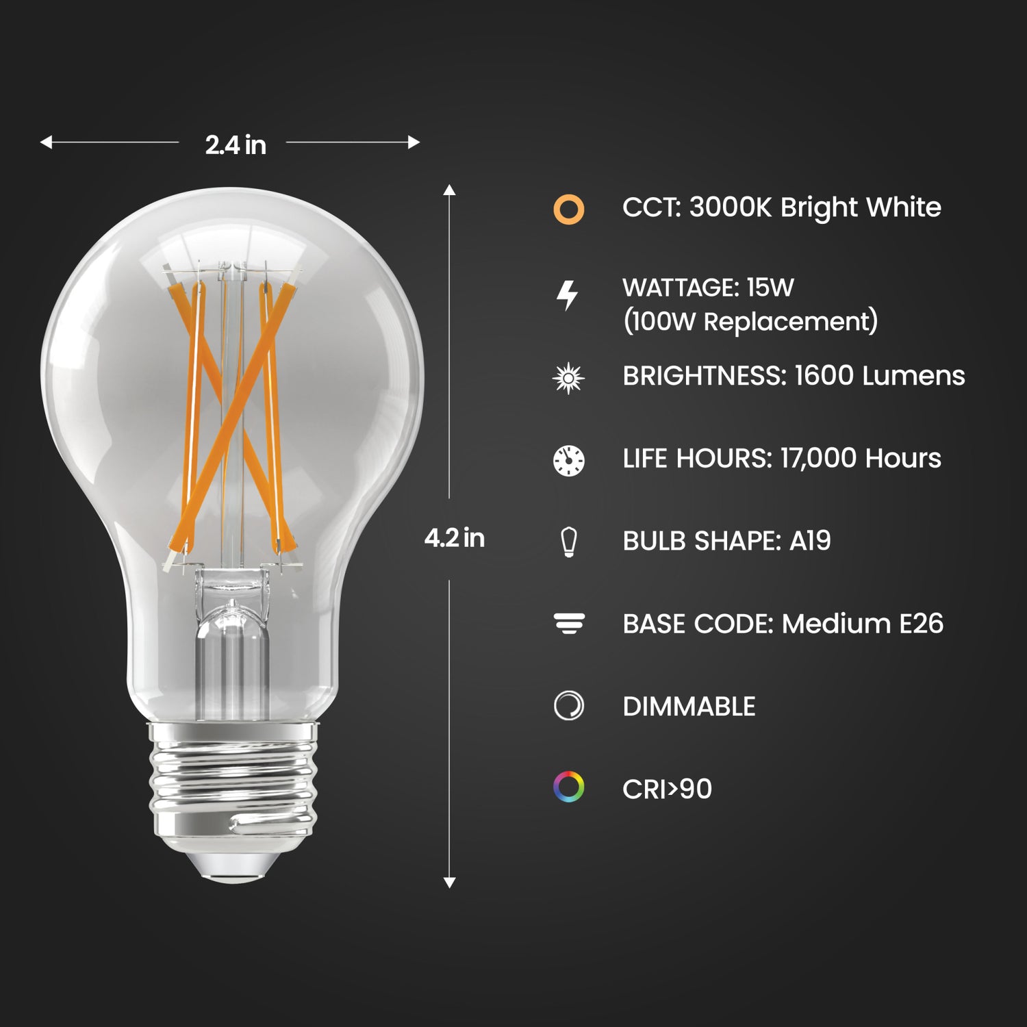 15W (100W Replacement) Bright White (3000K) A19 (E26 Base) Clear Enhance Filament LED (2-Pack)