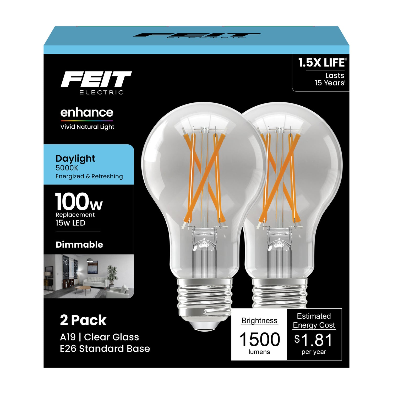 15W (100W Replacement) Daylight (5000K) A19 E26 Base Enhance Dimmable Clear LED Bulb (2-Pack)