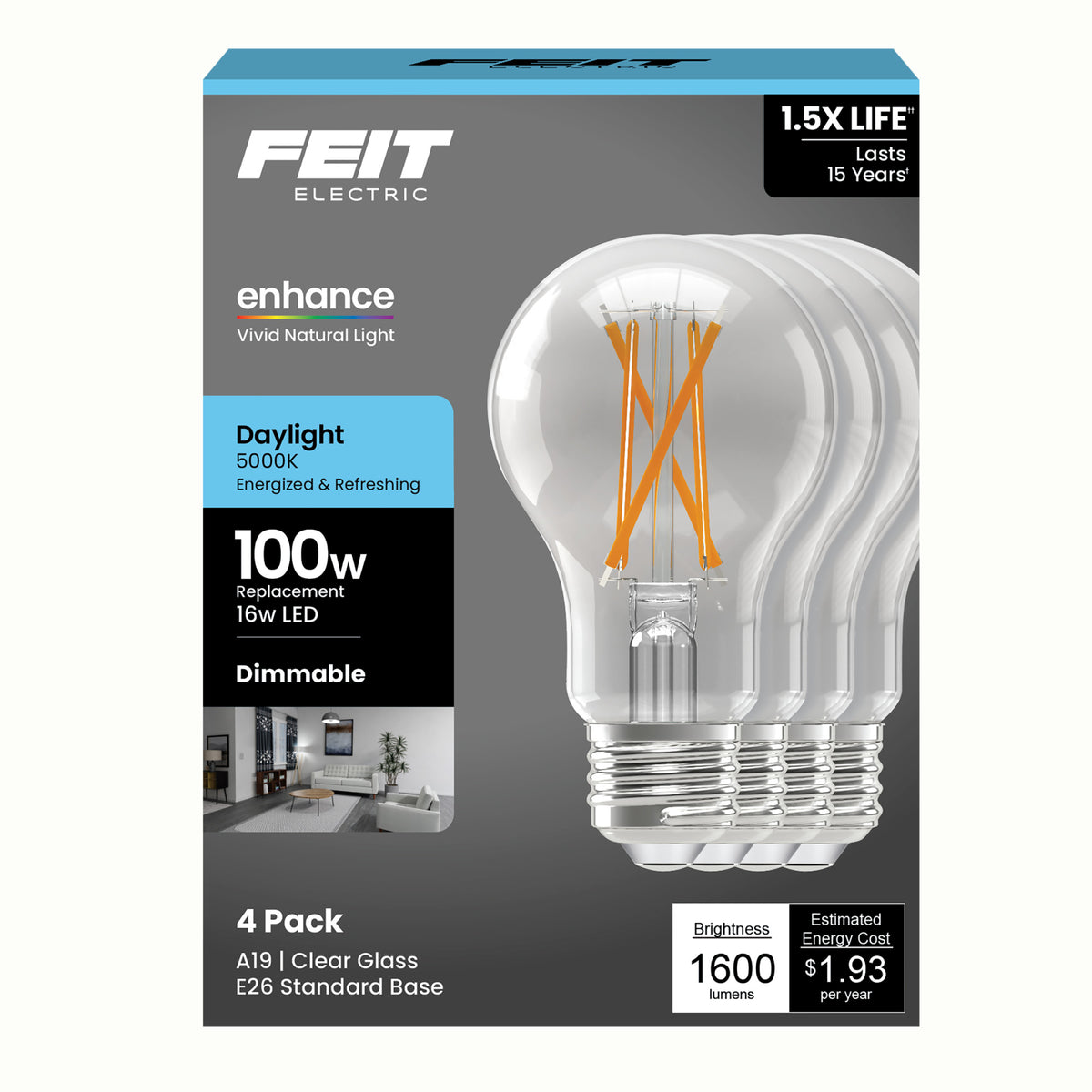 16W (100W Replacement) Daylight (5000K) A19 E26 Base Dimmable Clear Enhance LED Bulb (4-Pack)