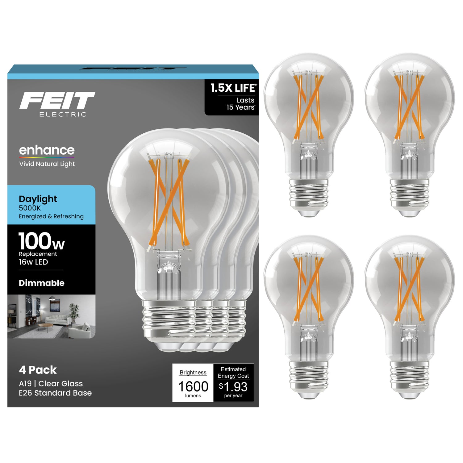 16W (100W Replacement) Daylight (5000K) A19 E26 Base Dimmable Clear Enhance LED Bulb (4-Pack)