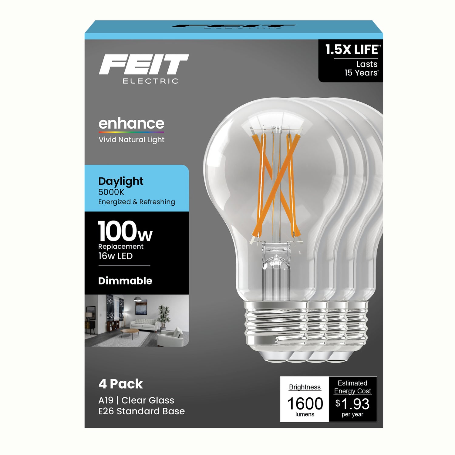 16W (100W Replacement) Daylight (5000K) A19 E26 Base Dimmable Clear Enhance LED Bulb (4-Pack)