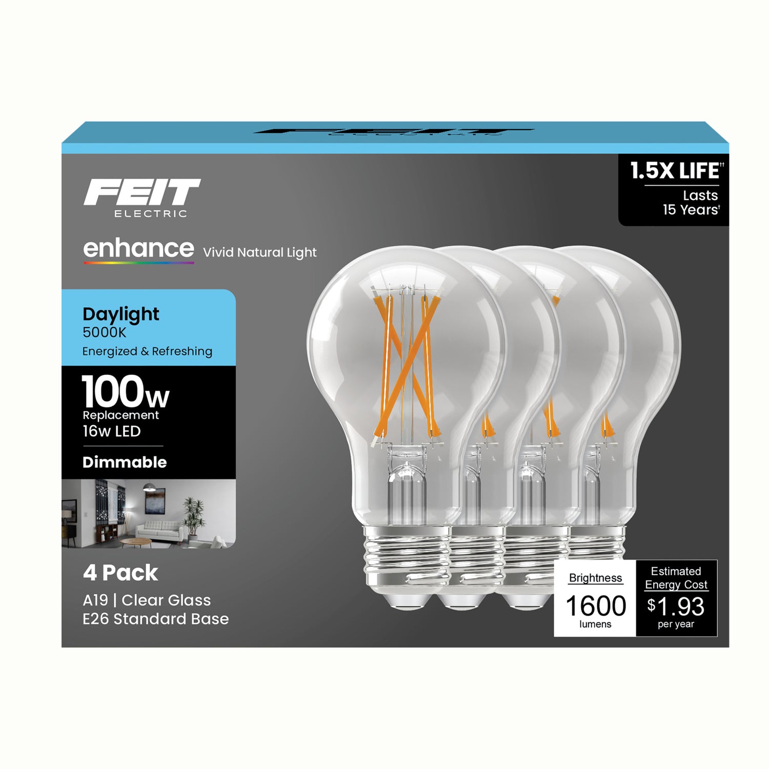 16W (100W Replacement) Daylight (5000K) A19 E26 Base Dimmable Clear Enhance LED Bulb (4-Pack)