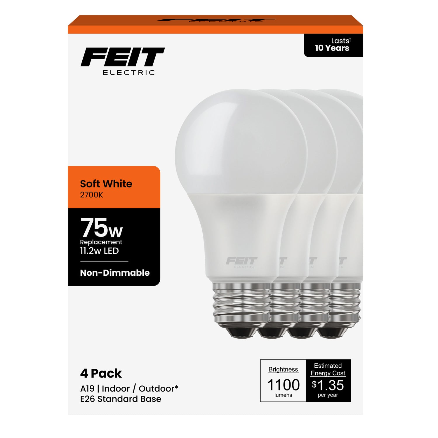 11.2W (75W Replacement) Soft White (2700K) E26 Base A19 Non-Dimmable General Purpose LED (4-Pack)