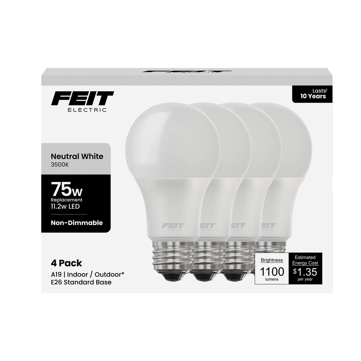 11.2W (75W Replacement) Neutral White (3500K) E26 Base A19 Non-Dimmable General Purpose LED Bulb (4-Pack)