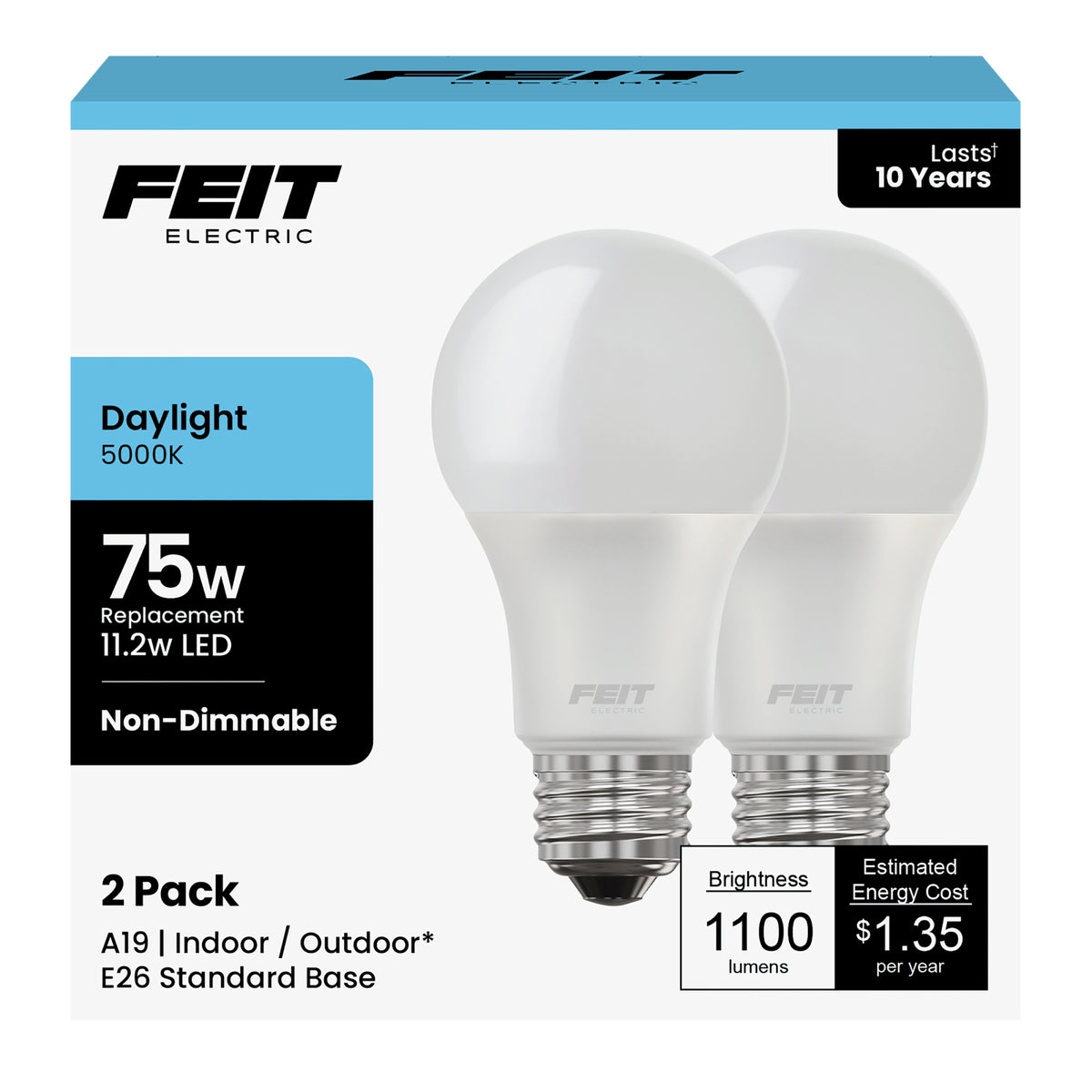 11.2W (75W Replacement) Daylight (5000K) E26 Base A19 General Purpose LED Bulb (2-Pack)