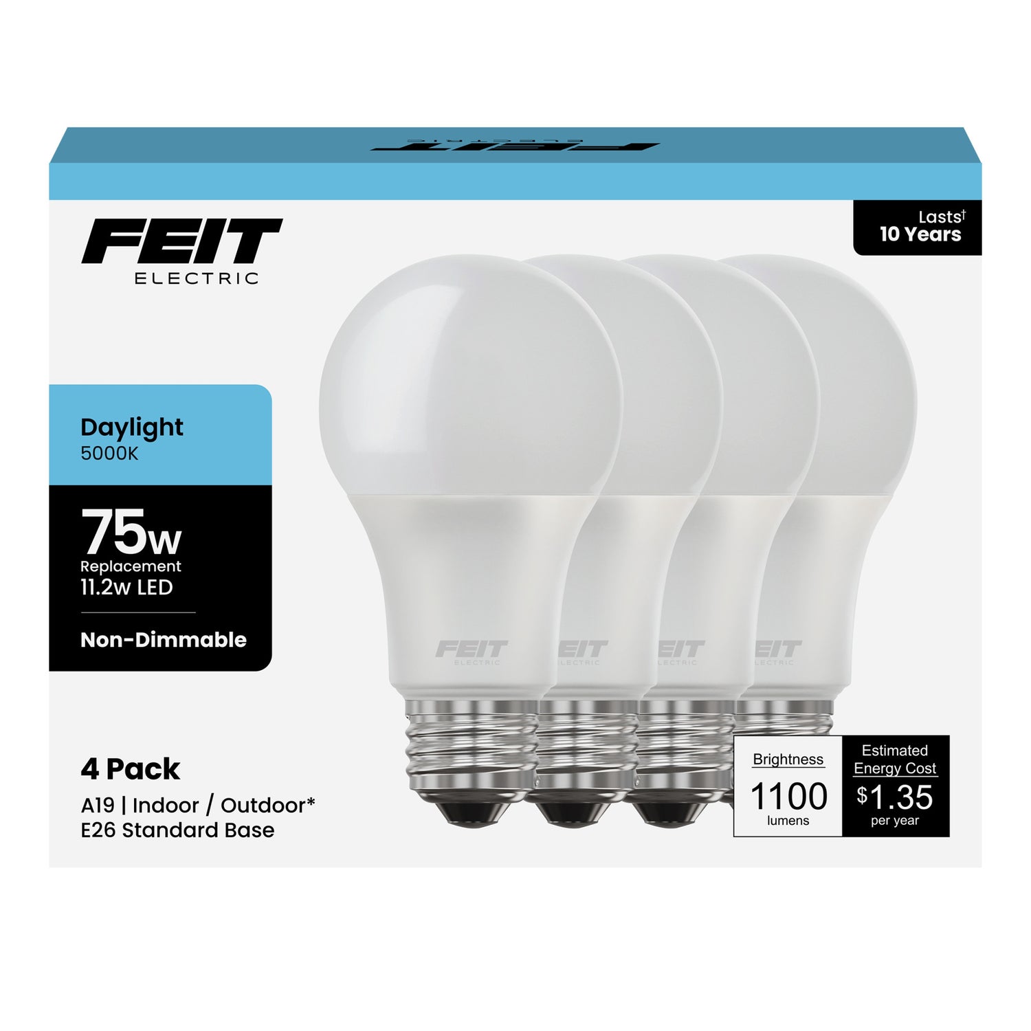 11.2W (75W Replacement) Daylight (5000K) E26 Base A19 Non-Dimmable General Purpose LED Bulb (4-Pack)
