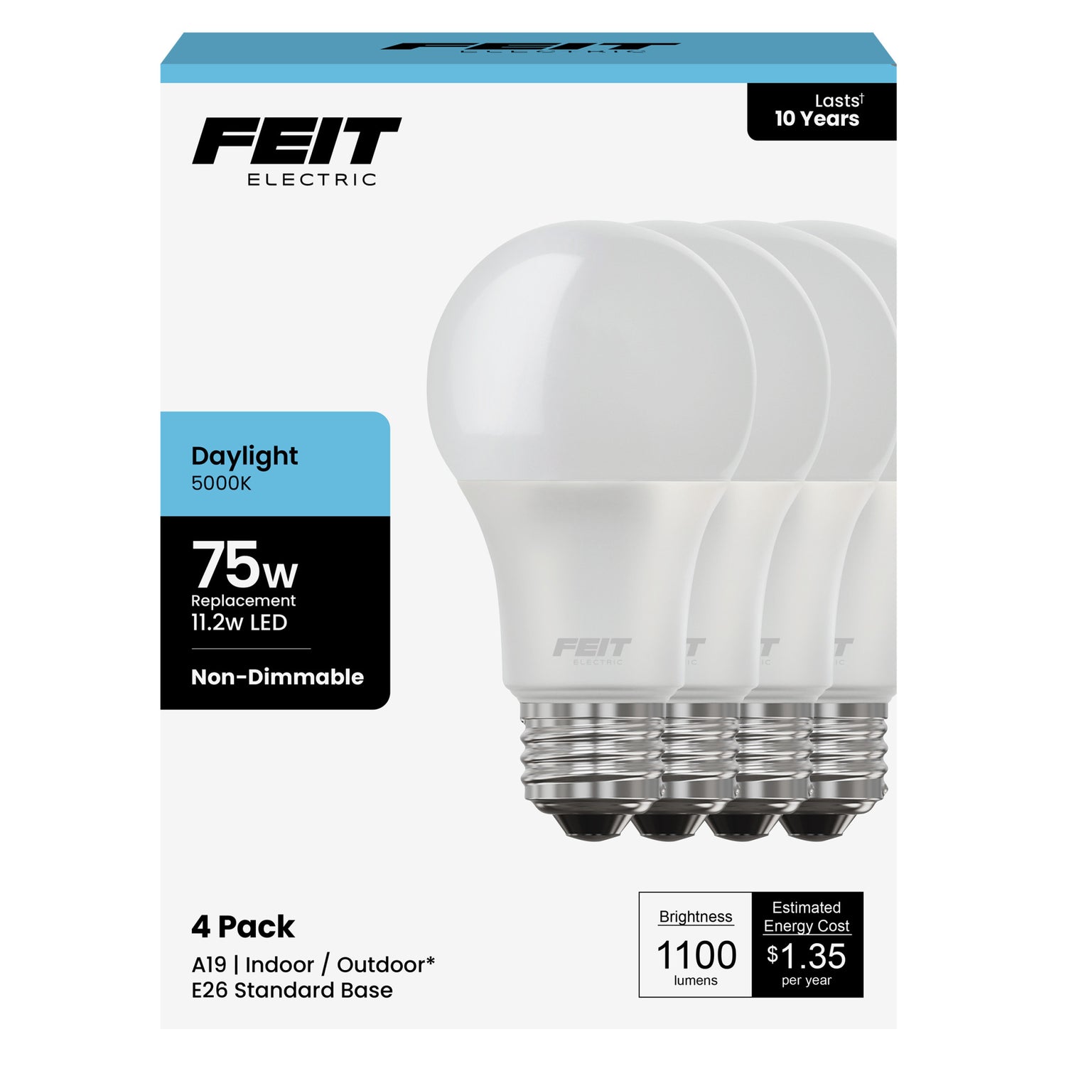11.2W (75W Replacement) Daylight (5000K) E26 Base A19 Non-Dimmable General Purpose LED Bulb (4-Pack)