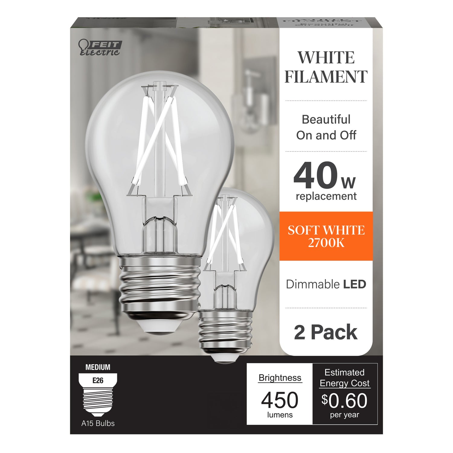 5W (40W Replacement) Soft White (2700K) A15 E26 Base Exposed White Filament LED Light Bulb (2-Pack)