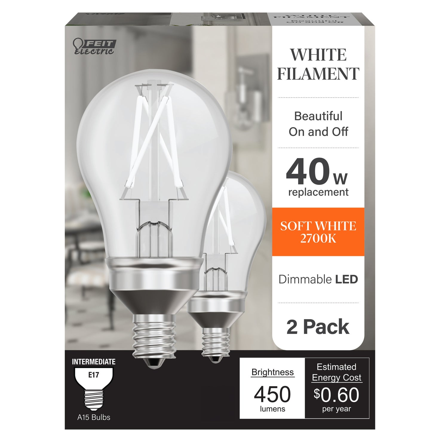 5W (40W Replacement) Soft White (2700K) A15 E17 Intermediate Base Exposed White Filament LED Light Bulb (2-Pack)