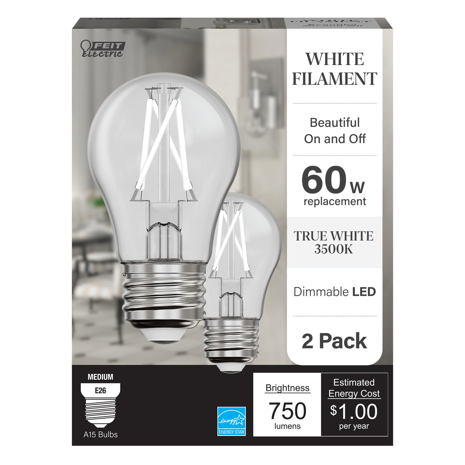 8.3W (60W Replacement) Soft White (2700K) A15 E26 Base Exposed White Filament LED Light Bulb (2-Pack)