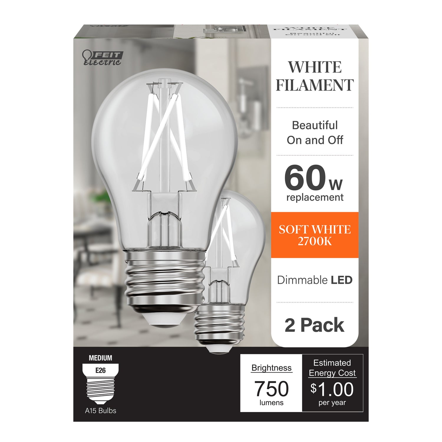 8.3W (60W Replacement) Soft White (2700K) A15 E26 Base Exposed White Filament LED Light Bulb (2-Pack)