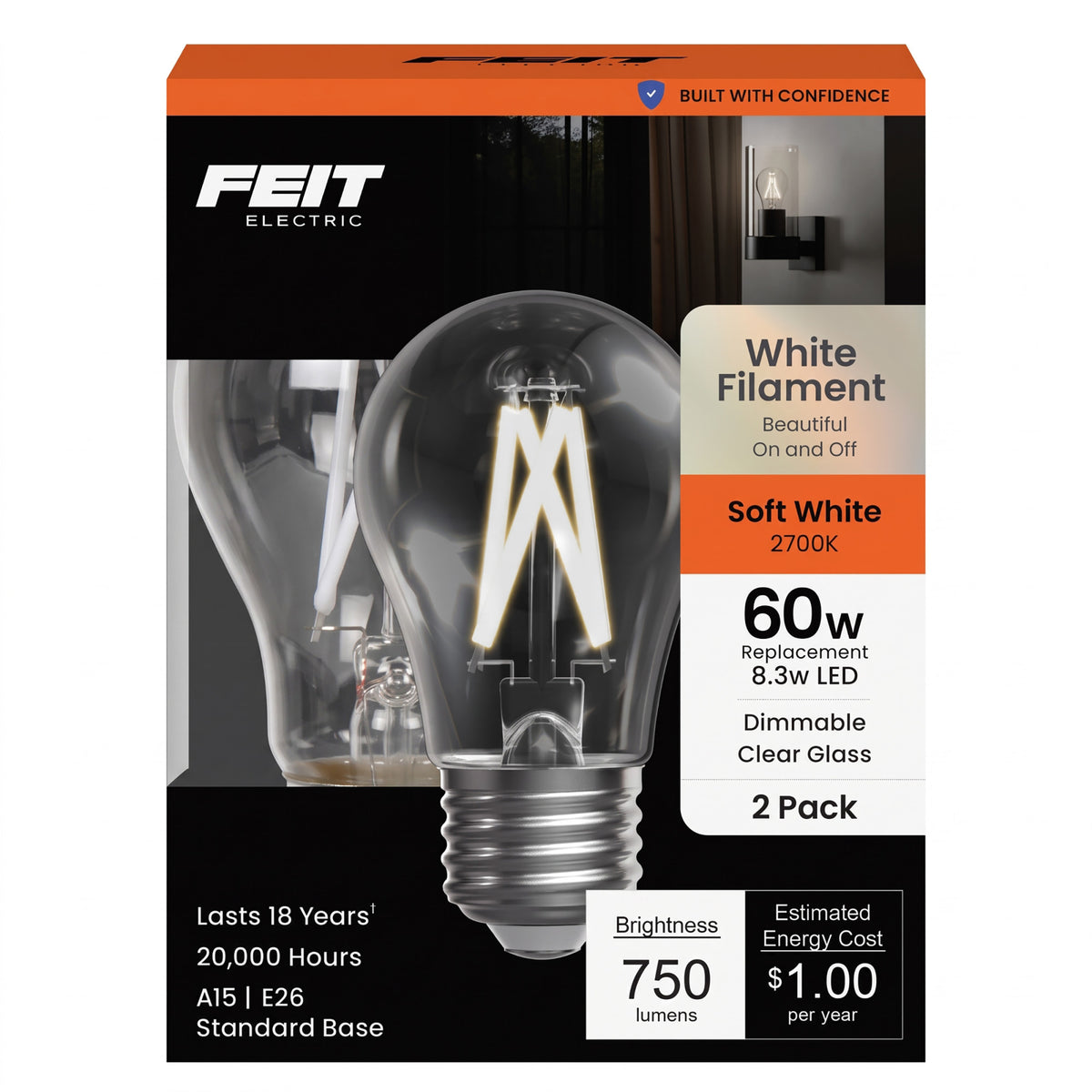 8.3W (60W Replacement) Soft White (2700K) A15 E26 Base Exposed White Filament LED Light Bulb (2-Pack)