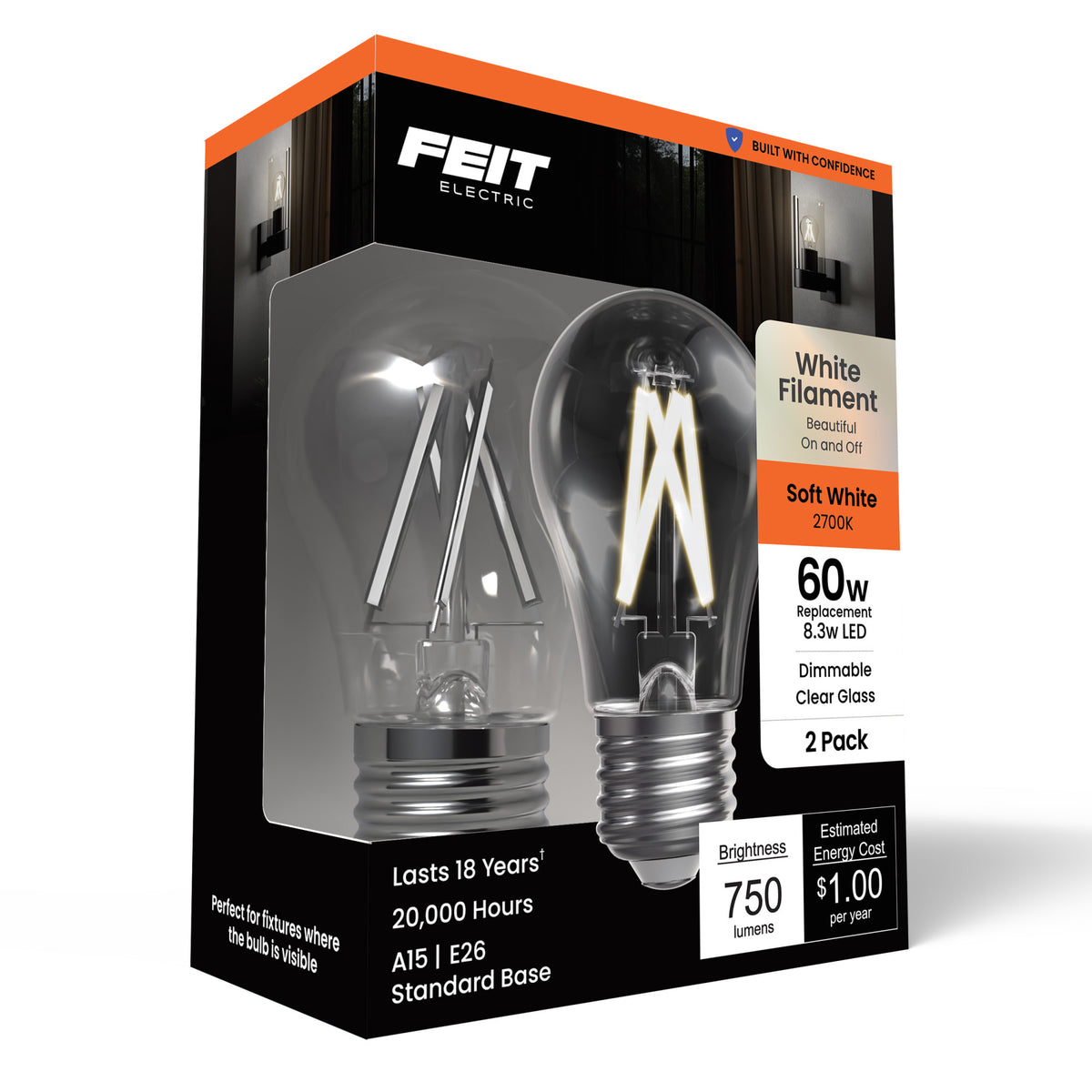8.3W (60W Replacement) Soft White (2700K) A15 E26 Base Exposed White Filament LED Light Bulb (2-Pack)