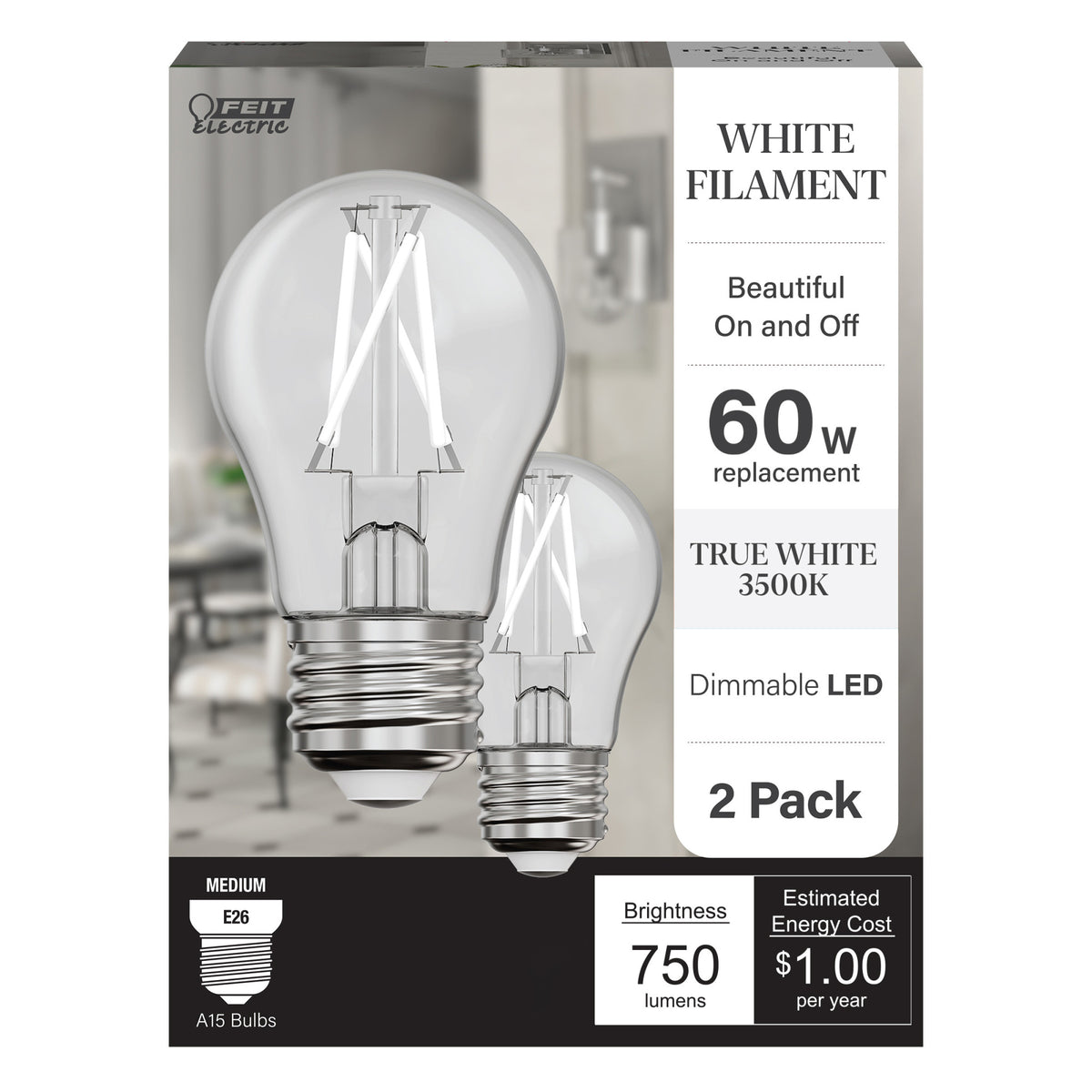 8.3W (60W Replacement) True White (3500K) A15 E26 Base Exposed White Filament LED Light Bulb (2-Pack)