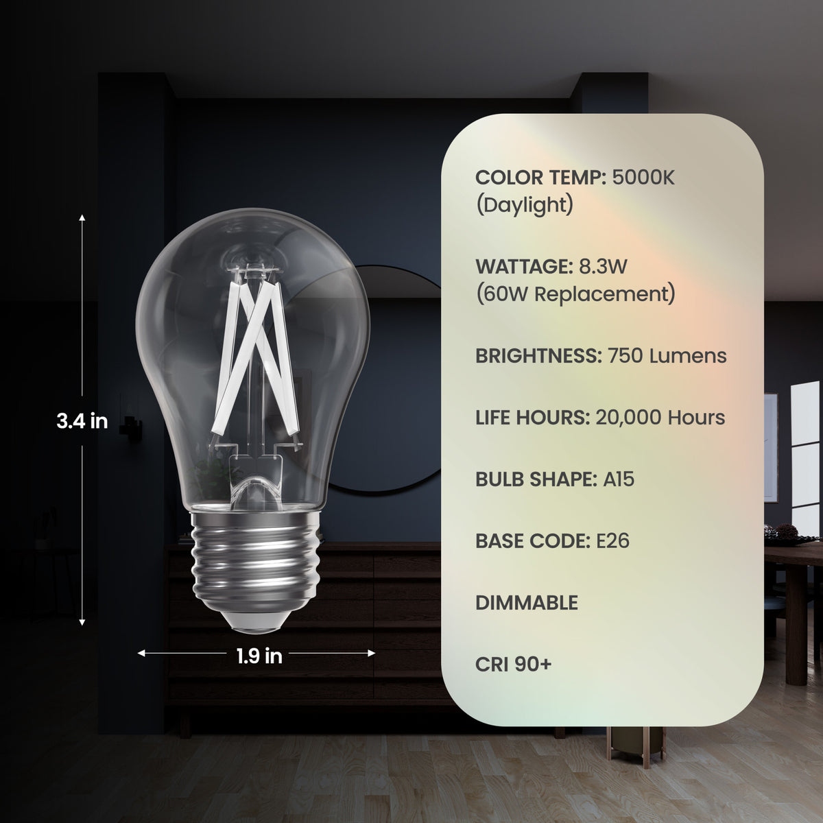 8.3W (60W Replacement) Daylight (5000K) A15 E26 Base Exposed White Filament LED Light Bulb (2-Pack)