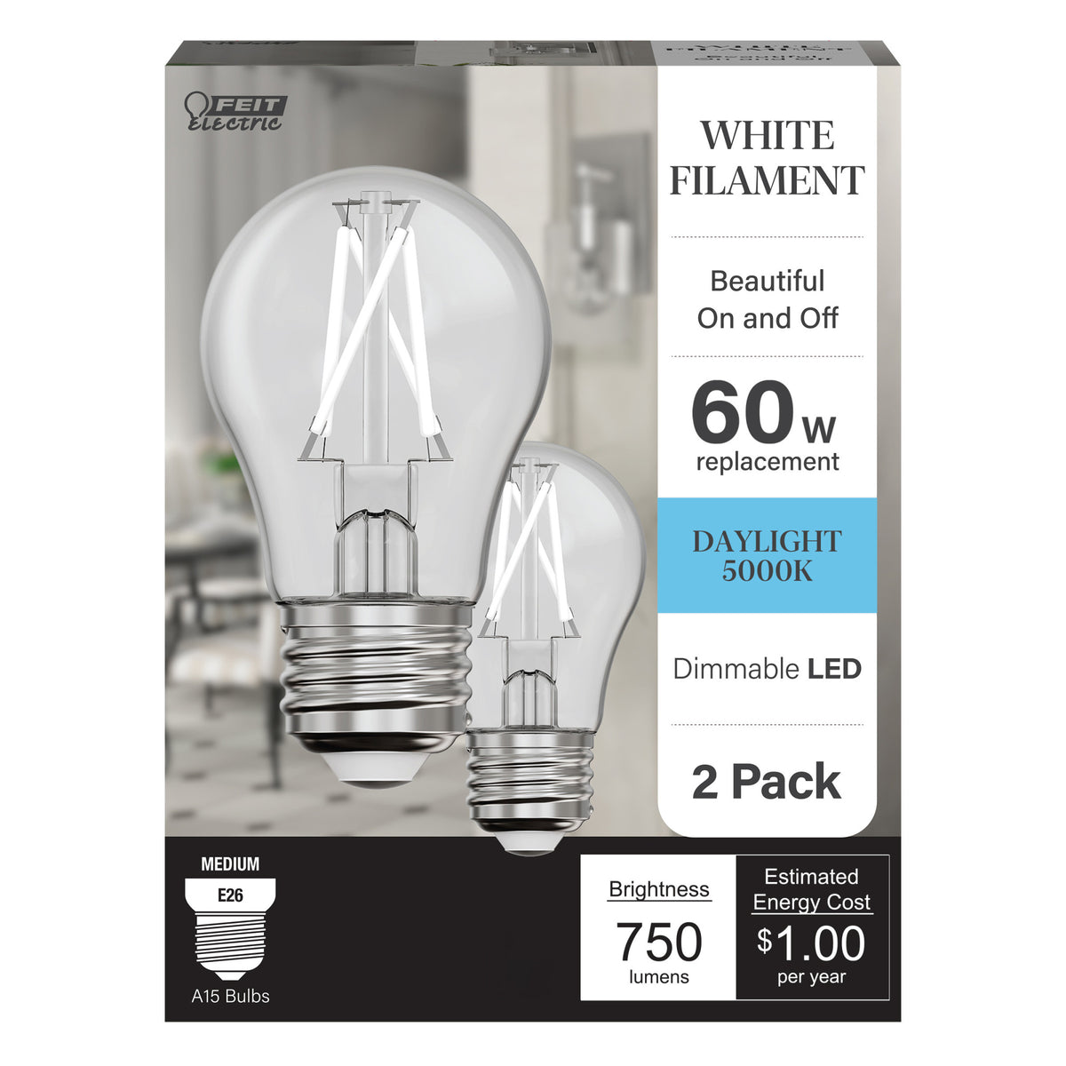 8.3W (60W Replacement) Daylight (5000K) A15 E26 Base Exposed White Filament LED Light Bulb (2-Pack)