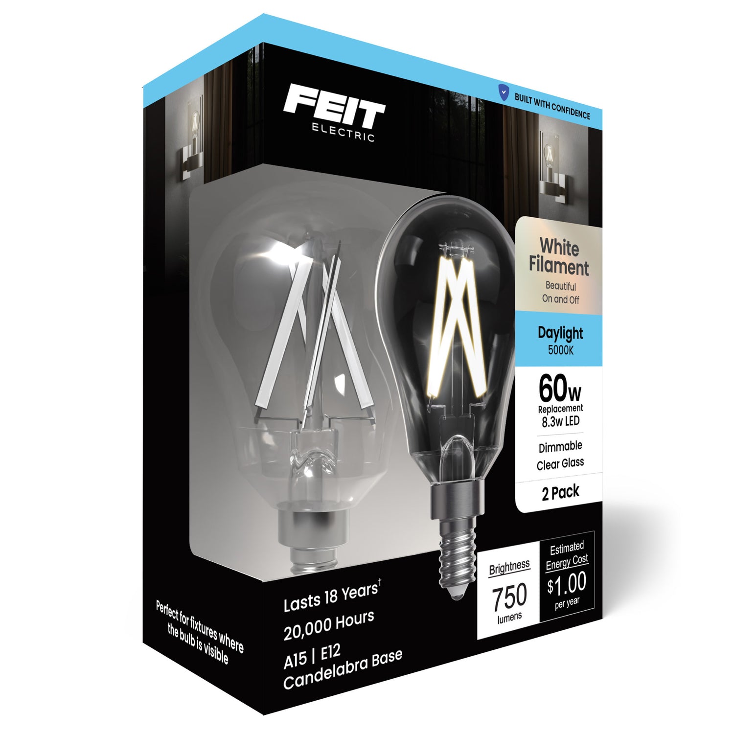 8.3W (60W Replacement) Daylight (5000K) A15 E12 Chandelier Base Exposed White Filament LED Light Bulb (2-Pack)