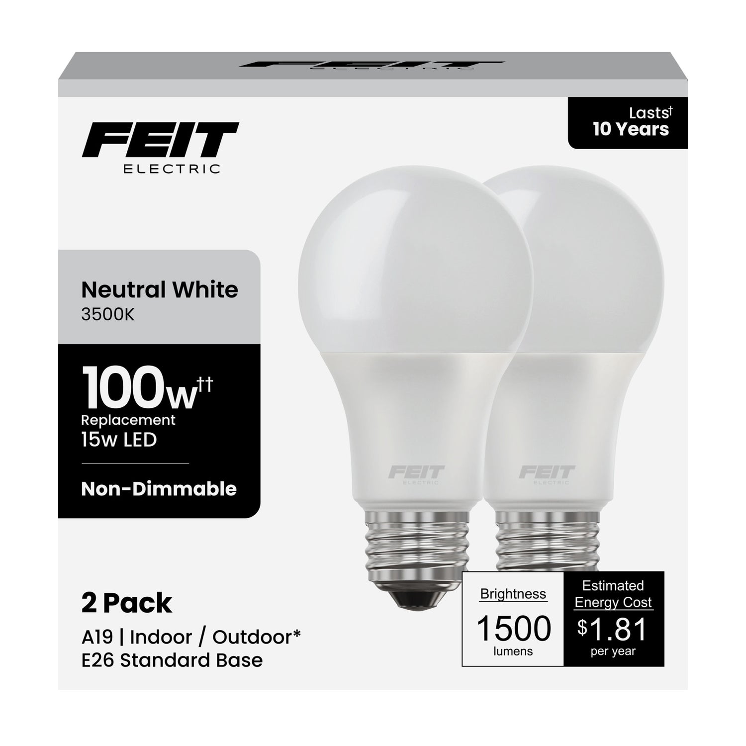 15W (100W Replacement) Neutral White (3500K) E26 Base A19 Non-Dimmable LED Light Bulb (2-Pack)