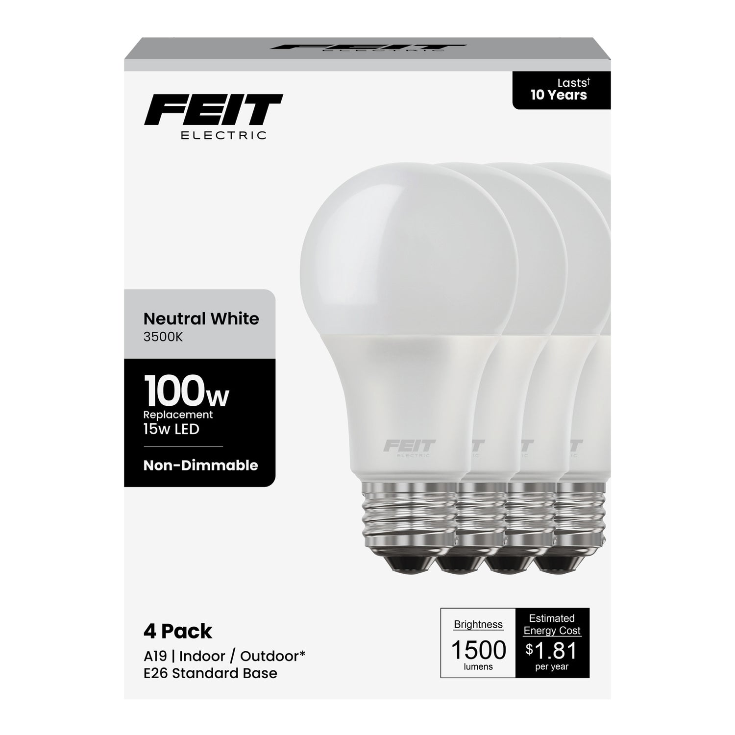 15W (100W Replacement) Neutral White (3500K) E26 Base A19 Non-Dimmable LED Light Bulb (4-Pack)