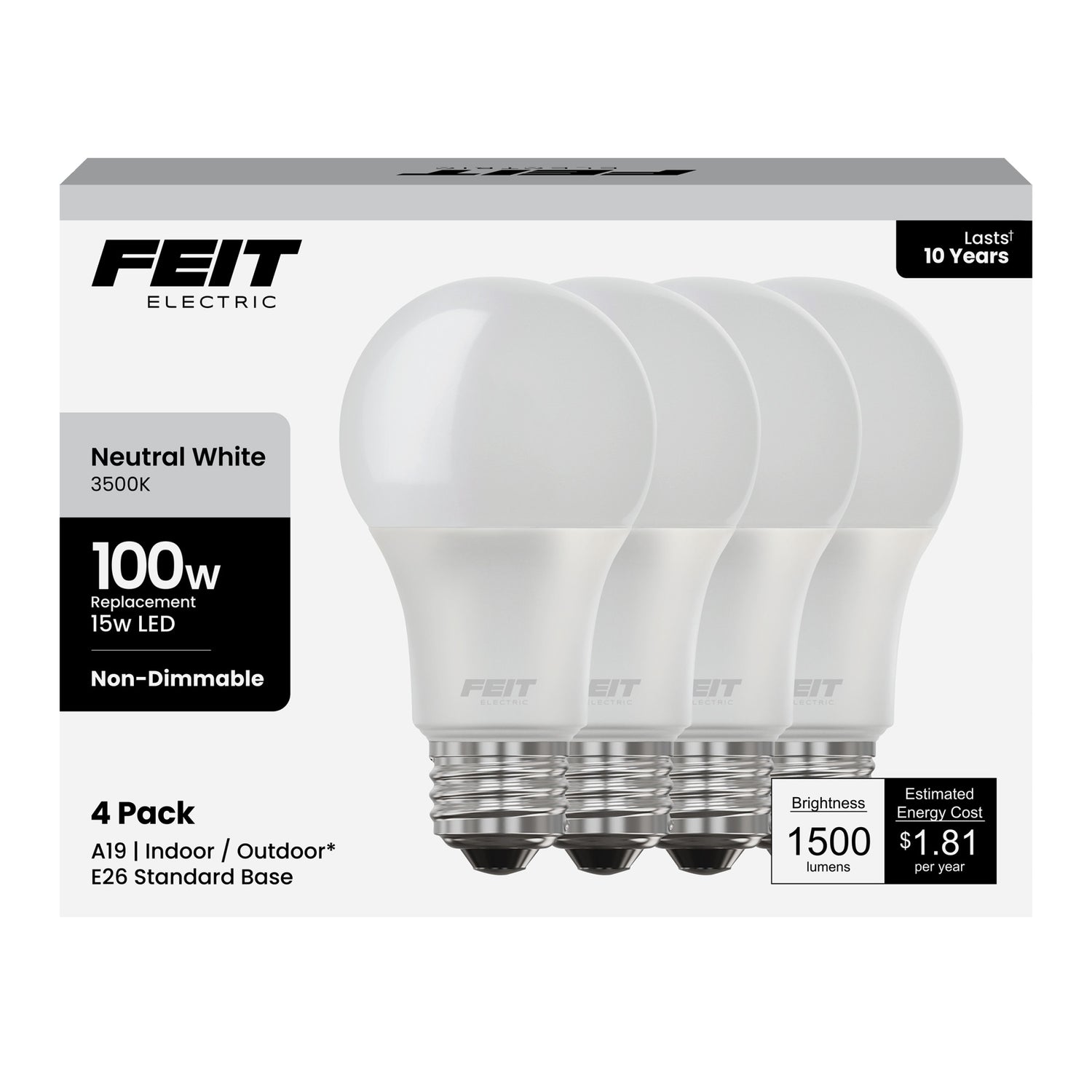 15W (100W Replacement) Neutral White (3500K) E26 Base A19 Non-Dimmable LED Light Bulb (4-Pack)